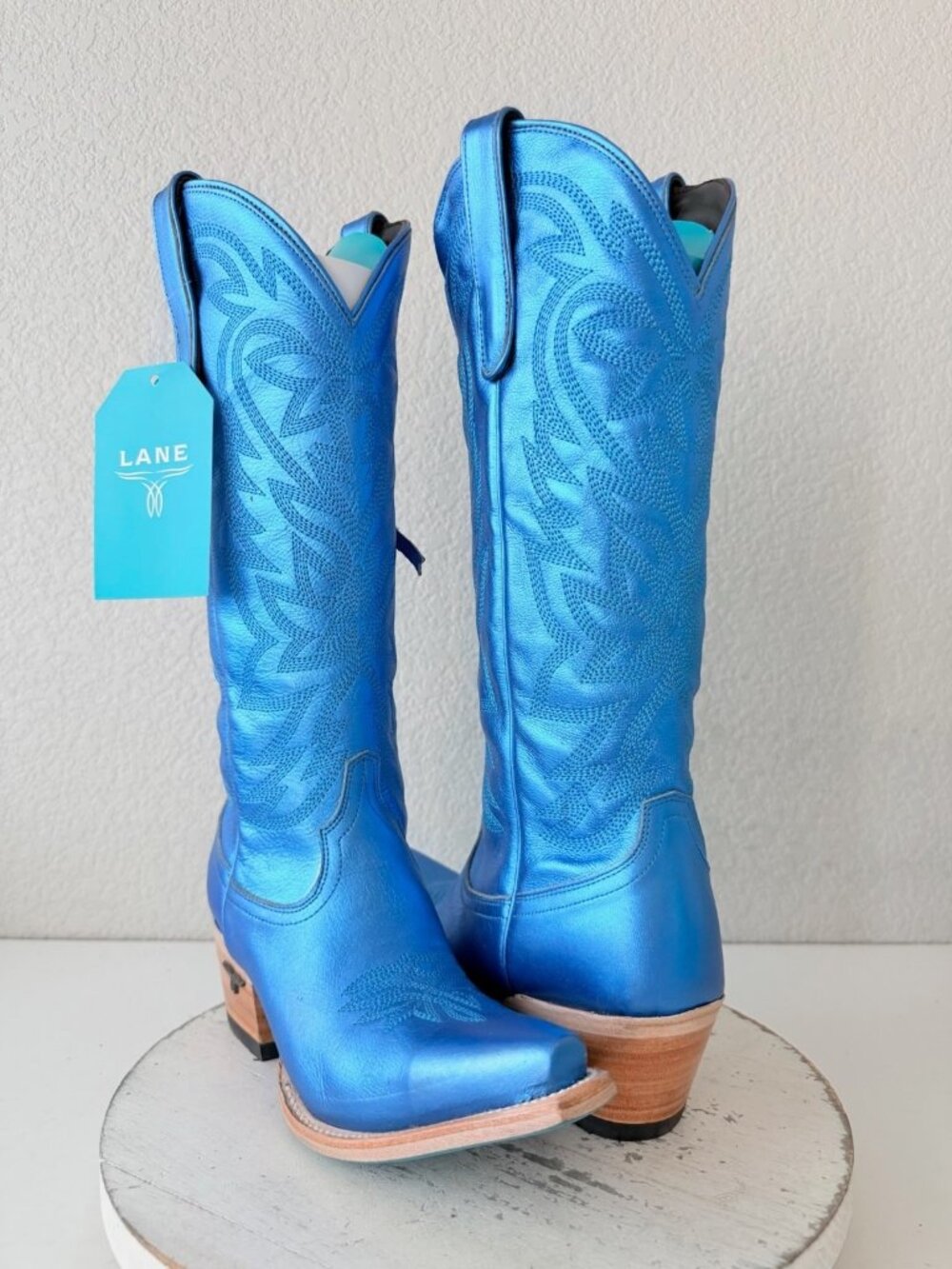 Lane SMOKESHOW Blue Metallic Cowboy Boots Womens 8 Western Cowgirl Mid Calf Tall